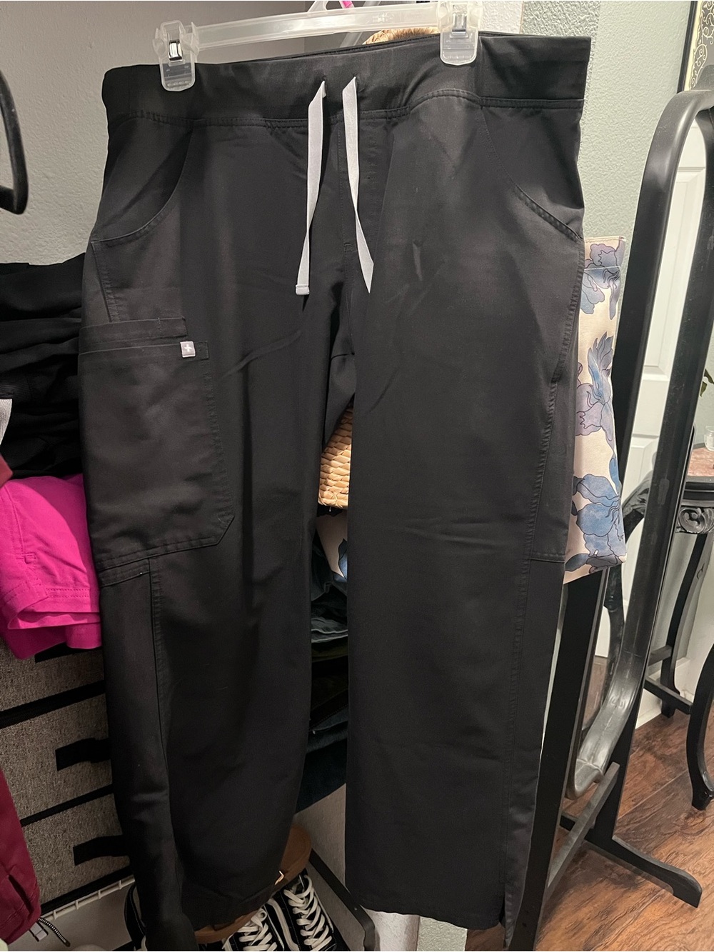 Figs Black Cargo Scrub Pants with White Drawstring